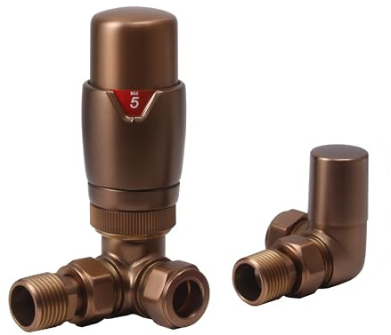 Brushed Bronze Corner Thermostatic Radiator Valves 15mm TRV Pair Set | Thermostatic control with durable solid brass construction and brushed bronze finish for efficient, reliable radiator heating