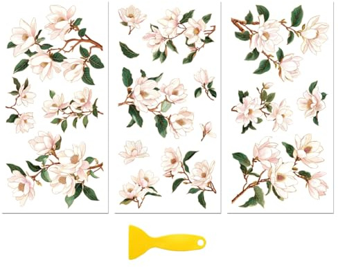 Peacoblue Aufkleber für Möbel 3Pcs Chinesische ästhetische Magnolie 15cmx30cm, UV DTF Wasserdichter Japanischer Möbelfolie-Transfer für Kommoden, Glas, Porzellan, Holz, Kunststoff