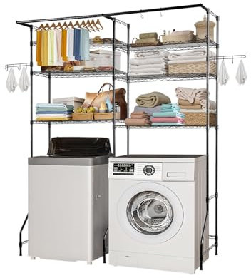 VEVOR Estante de Almacenamiento para Lavadora y Secadora, Tendedero de 6 Niveles con Barra y Ganchos, Estantes Ajustables de Dos Filas para Lavadora, Ahorra Espacio para Lavadero, Color Negro