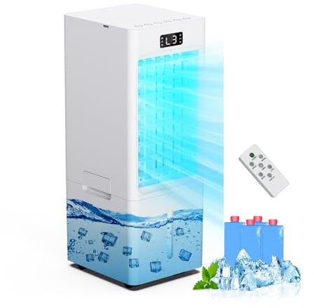 Air Cooler, 6L Portable Air Conditioner with 4 Ice Packs, 3 IN 1 Portable Air Conditioning Unit with Remote and Front Display, 3 Speeds & Cooling Mode, 12H Timer, Double Water Tank, 60° Oscillation