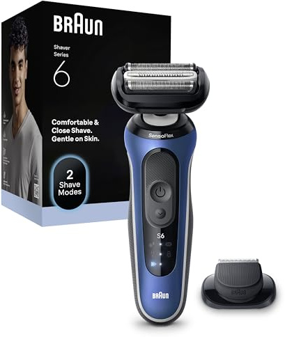 Braun Series 6 Elektrorasierer Herren, Rasierapparat mit 60 Min. Akkulaufzeit, Präzisionstrimmer-Aufsatz, Kabelloser Nass- und Trockenrasierer für Männer, Made in Germany, Wasserdicht, 62-B1200s, Blau