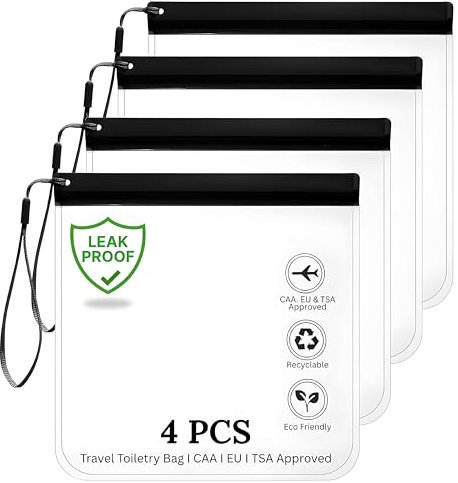 Nestixy TSA Approved Clear Toiletry Bags 4 Pack – Leakproof Travel Liquid Bags for Hand Luggage, Airport Security Compliant, Reusable PVC Cosmetic Organizer, 20x20cm 1L