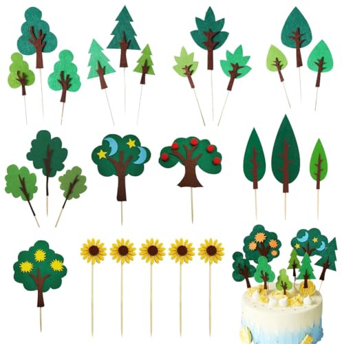 DIFLAX 26 Stück Grüne Bäume Waldland Kuchenaufsatz, Cupcake-Aufsatz zum Geburtstag, Camping-Kuchenaufsatz für Dschungel Party, Kuchendeko Geburtstag, Kuchen Deko Dschungel