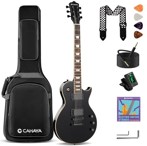 CAHAYA LP E Gitarren Set: 39 Zoll E-Gitarre für Anfänger mit Okoume-Korpus, Ahornhals, 2 Humbucker-Tonabnehmer, mit Tasche, Gurt und Kabel - für Erwachsene und Jugendliche, Schwarz