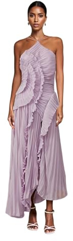 Alaurbeauty Abito lungo da donna con volant e plissettato, senza maniche, con allacciatura al collo, irregolare, a gradini, plissettato, fluente, abito in chiffon per gli ospiti del matrimonio, Lilla