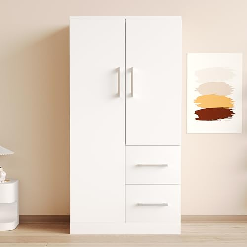 Soweiz Kinderkleiderschrank, 70x40x135 cm, Doppeltür-Design mit 2 Schubladen und Staufächern, Einzelkleiderschrank (Weiß)
