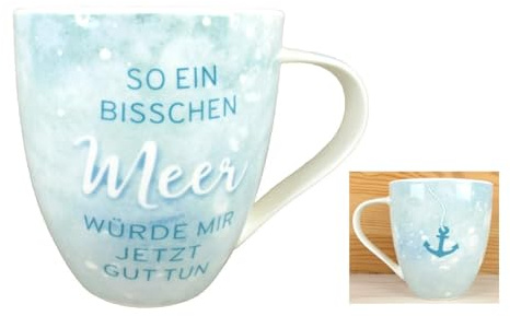 Großer Porzellan Becher - Ein bißchen Meer - 475ml Kaffeebecher Maritim Tasse Ankermotiv (1343)