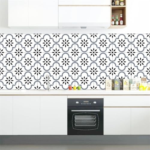 Klebefliesen Schwarze Weiße Blume Mosaikfliesen Pvc Fliesenaufkleber Boden Klebefliesen Küche Bad Fliesensticker Wasserdicht Fliesenaufkleber Selbstklebende Fliesen Folie Tile Sticker 15x15cm/10 Pcs