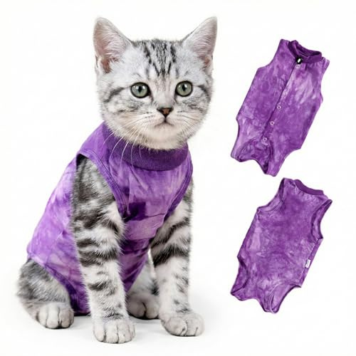 Body De Recuperación para Gatos,Body gatos postoperatorio hembra,Mono Suave para Después De Cirugía,Transpirable para Gatas Esterilizadas,traje de recuperación para heridas abdominales(Morado, S)