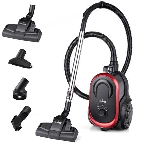 Lehmann Aspirateur sans Sac, Technologie Cyclonique Puissante, Double Filtre HEPA pour Allergiques, Capacité 2,5 L, Compact, Aspirateur Traîneau pour Tapis et Sols, Set d’Accessoires, Noir/Rouge