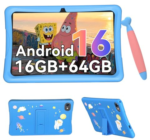 Kids Tablet 10 inch, Android 16 Tablet for Kids Ages 6-12, 16GB RAM 64GB ROM 2TB Expand, Parental Control, HD Eye Protection, Includes Case & Stylus Pen, WiFi, Blue