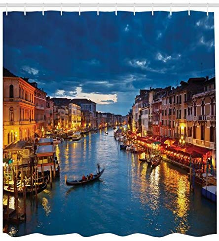 ABAKUHAUS Venedig Duschvorhang, Blick auf den Canal Grande Rialto, Stoffliches Gewebe Badezimmerdekorationsset mit Haken, 175 x 200 cm, Indigo und Gelb