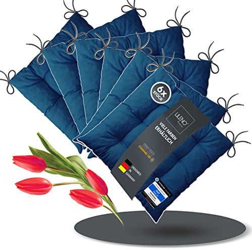 LILENO HOME 6er Set Stuhlkissen Dunkelblau (40x40x6 cm) - Sitzkissen für Gartenstuhl, Küche oder Esszimmerstuhl - Bequeme UV-beständige Indoor u. Outdoor Stuhlauflage als Stuhl Kissen