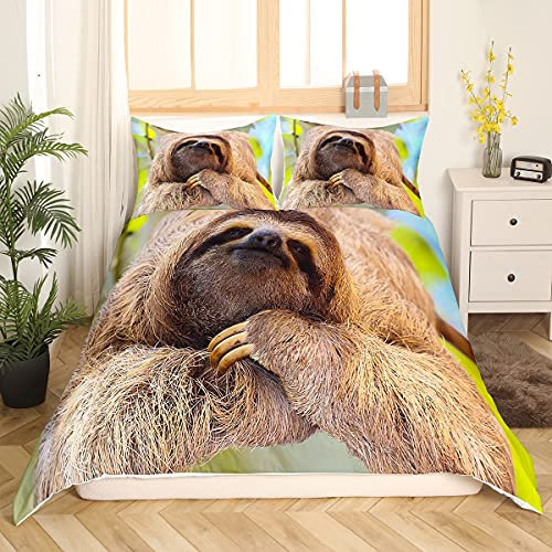 Loussiesd Faultier Betten Set Niedliches Tiermuster Bettbezug Set 3D Braunes Faultier Bedrucktes Bettwäsche Set 155x220cm für Kinder Wild Tier Theme Decor