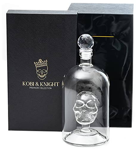 Kobi & Knight Premium Skull Decanter - Handmade Skull Whiskey Decanter with Airtight Stopper - Borosilicate Glass Skull Decanter - Thick Vodka, Rum, Gin, Tequila Bottle - 25fl oz / 750ml Skull Barware