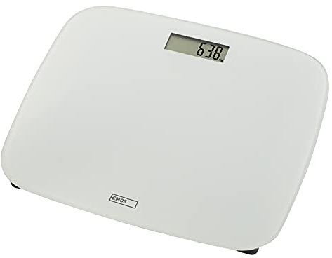 EMOS Digitale Körperwaage, weiße Gewichtswaage mit Batterien, einfache Digitalwaage mit Genauigkeit 0,1 kg, extraflache Personenwaage mit Auto-On/Off, Step-On Funktion, bis 180 kg 30 x 34 x 2 cm