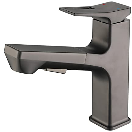 Waschtischarmatur mit Ausziehbarer Düse Badarmatur Gunmetal Grau Einhand-Waschtischbatterie Messing Einhand-Spültischbatterie Heißes und Kaltes Wasser Wasserhahn
