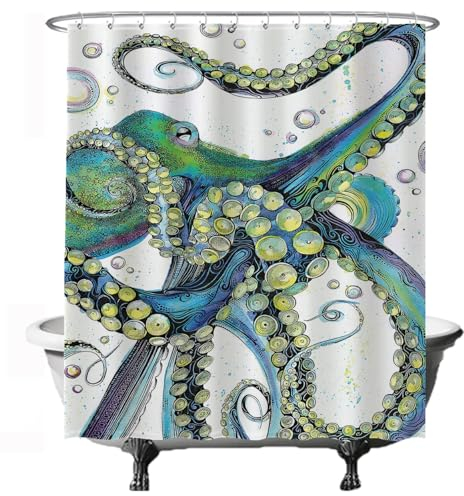 Ulticool Duschvorhang - Tintenfisch Calamari Meer Natur - 180 x 200 cm – Anti Schimmel - Waschbar – Wasserdicht - mit 12 Ringe - Grün Weiß