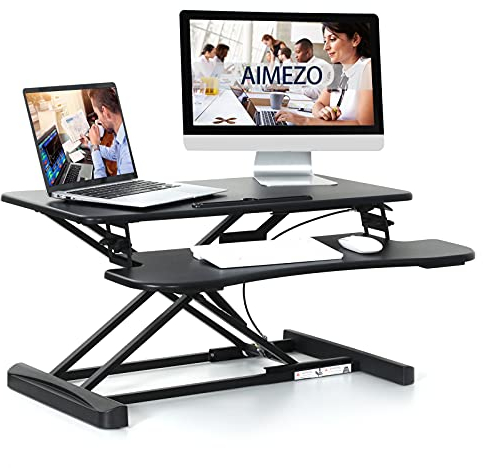 AIMEZO Steh-Sitz Schreibtisch Stehpult Höhenverstellbarer Schreibtischaufsatz Computertisch mit Tastaturablage für Zwei Monitor, 15 kg Kapazitä, Schwarz