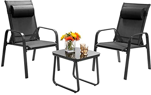 COSTWAY 3-TLG. Balkonmöbel Set, Balkonset mit 2 Stühle und Tisch, Stapelstühle mit Verstellbarer Rückenlehne und Kopfstütze, Gartengarnitur, Sitzgarnitur, Sitzgruppe für Terrasse, Balkon, Garten