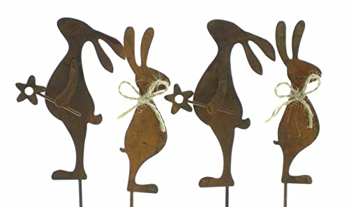 Dekoleidenschaft 4 Deko-Stecker Osterhase aus Metall in Rost-Optik, 38 cm hoch, Blumenstecker für Blumentopf, Gesteck und Blumenstrauß, Gartenstecker, Osterdeko, Garten-Deko für Draußen