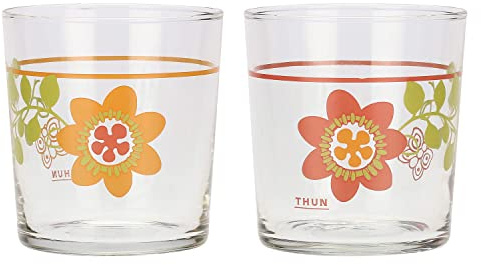 THUN - Set di 2 Bicchieri per Acqua in Vetro Cristallino con Decorazione Floreale Primaverile, Linea Fiori e Fantasia, Ø 8.5 cm