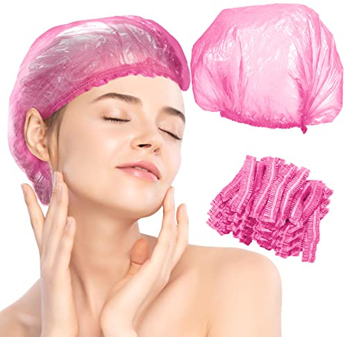 Keilend 100Pcs Plastic Shower Caps, Thickened 42CM, Disposable Bath Hat, Pink
