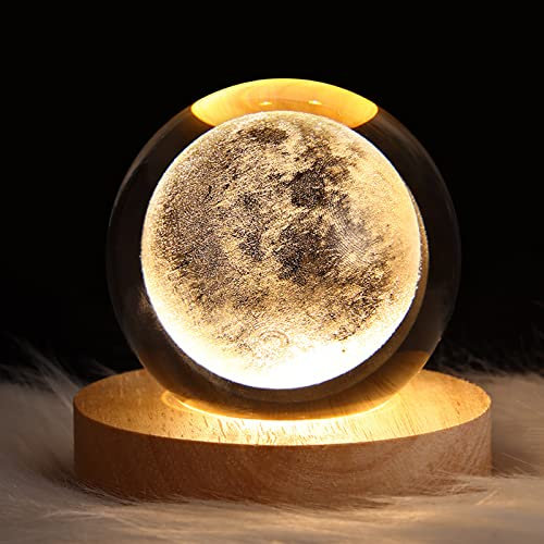 Lámpara de Noche con Bola de Cristal 3D para Niños, Lámpara de Noche con Base de Madera, Escritorio de Fantasía, Decoración de Espacio Presente, Bola de Cristal, LED, Galaxia, Planeta, Luz(Luna)