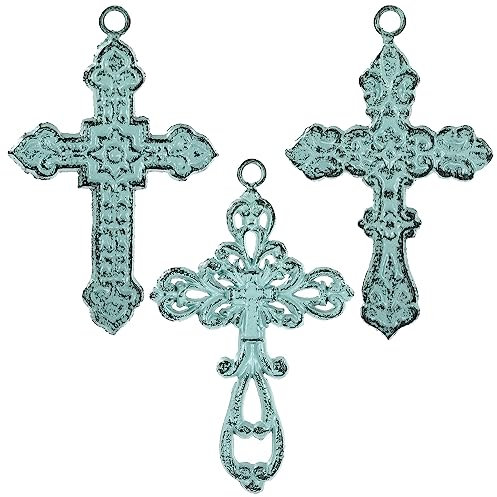 3 Stück Gusseisen-Wandkreuze, Metall, dekorative hängende Kreuze, Wanddekoration, kleines antikes florales religiöses Kreuz, Wandkunst, Kreuzdekorationen für Zuhause, Büro, Hochzeit – 10.8x15.9 cm