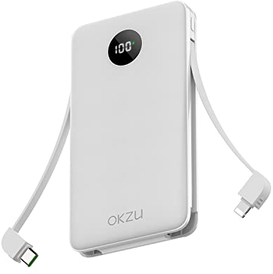OKZU Power Bank with Built-in Cables, 10000mah 22.5W PD 3.0 QC 4.0 USB C Fast Charging Power Bank, Type C Battery Pack Compatible with iPhone 14 13 12 11 Samsung Galaxy Google Pixel and More (White)