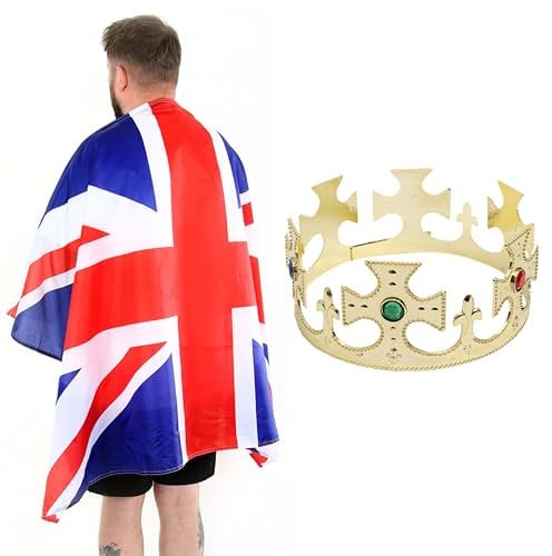 Union Jack Flag Cape and Crown - 5ft x 3ft Union Jack Wearable Flag and Gold Crown with Attached Jewels - King's Fancy Dress Costume Set VE DAY COMMONWEALTH