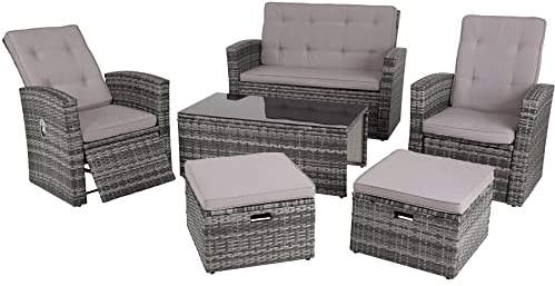 tectake® Balkon Lounge Sitzgruppe für 6 Personen, 2 gemütliche Sessel, 2 Hocker, 1 Couch, 1 Tisch mit Glasplatte, Poly Rattan Geflecht, Gartenmöbel Set, Balkonmöbel, Loungemöbel wetterfest - grau