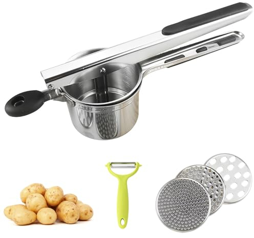 Potato Ricer, XIACIBDUS Potato Masher with 3 Interchangeable Discs, Heavy Duty Food Press with Peeler for Potatoes, Fruit, Vegetable, Puree, Baby Food