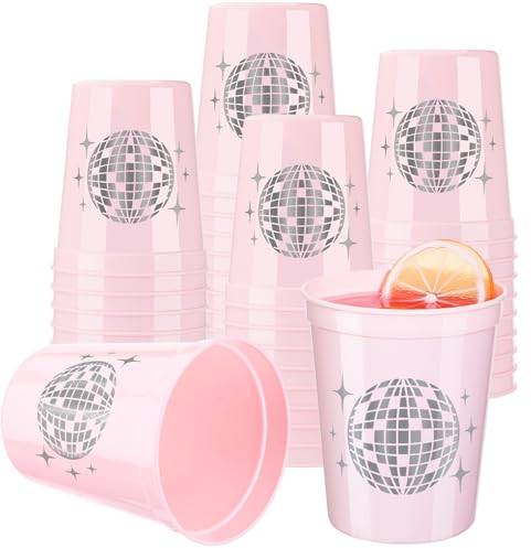 Uiifan 30 Pcs 16 oz Disco Cups Plastic Bachelorette Cups Reusable Disco Ball Drink Cups for Cowgirl Bride Bridal Shower 70s 80s 90s Party Supplies (Pink)