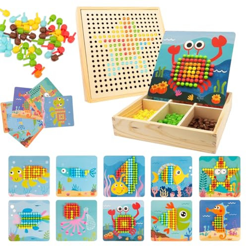 Yuragim Mosaik Steckspiel Spiele ab 2 3 4 5 Jahre, Holz Steckspiel Montessori Spielzeug mit 240 Steckperlen 10 Karten Kreatives Pädagogisches Lernspielzeug Geschenk für Kinder Mädchen Jungen (D)
