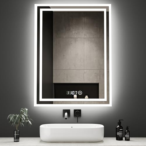 Boromal Badezimmerspiegel 50x70cm Badspiegel mit Beleuchtung und Uhr Badezimmer Spiegel Badspiegel Dimmbar 3 Lichtfarbe Dimmbar Wandspiegel Lichtspiegel LED Spiegel mit Uhr + Touch Schalter
