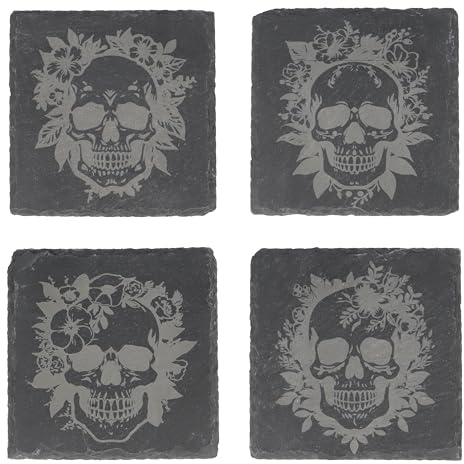 4er Set Untersetzer aus Schiefer mit Totenkopf Motiven|Trinkglasuntersetzer|Glasuntersetzer|hochwertige Lasergravur|Geschenkidee Wikinger|Geschenkset (Skull Totenkopf)