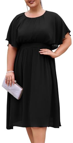 Hanna Nikole Women A-Line Dress Plus Size Ruffle Sleeves Elegant Chiffon Dress Black 20