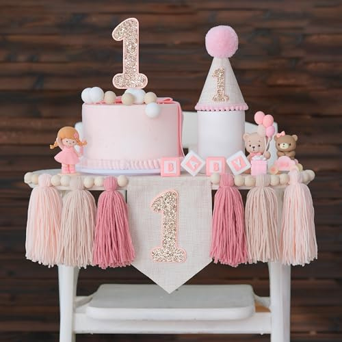 JUIIZAY Rosa 1 Geburtstag Deko Set - Mädchen 1. Geburtstag Krone, Cake Topper & Hochstuhl Banner
