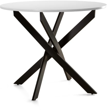 Home Heavenly® - Mesa Redonda Comedor Cocina Blake, Mesa Industrial 90 cm diámetro con Patas metálicas entrecruzadas. (Blanco - Pata Negra)