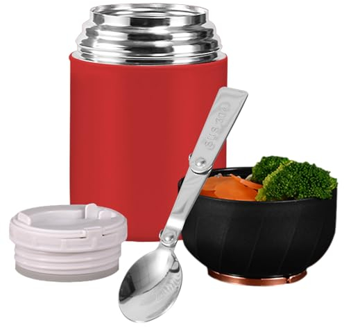 EACHPT Food Flask 500ml Stainless Steel Vacuum Double Walled Insulated Food Jars with Folding Spoon, BPA Free Leakproof Thermal Food Container for Hot and Cold Meals Double Soup Flask