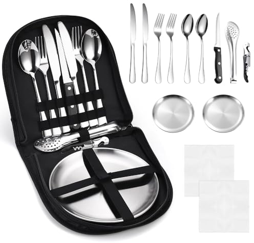 ADERTOS Ensemble de Couverts de Camping 13PCS Vaisselle Portable en Acier Inoxydable Ensemble Vaisselle Pique-Nique Extérieure avec Cuillère, Fourchette, Couteau, Assiette, Décapsuleur, Serviette