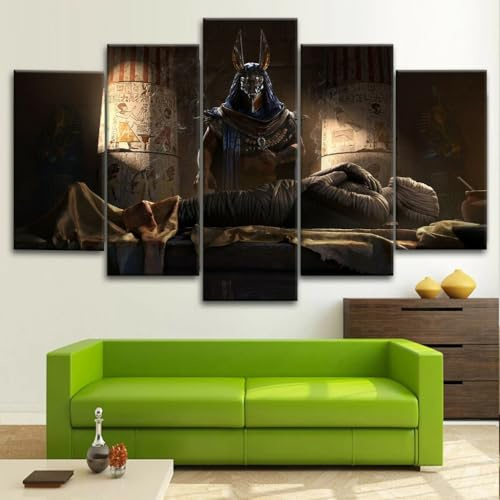 AZBESCZ Moderne Bilder Wohnzimmer 5 Teiliger Ägyptischer Gott Anubis Poster Mit Rahmen Hd Für Heimdekoration Personalisierte Bilder Leinwandbilder Xxl