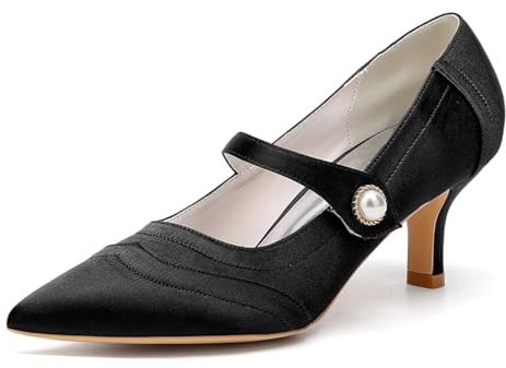 Ladies Satin Mary Jane Strap Pumps Low mid Heel Satin Pearl Court Shoes Pointed Closed Toe Bridal Evening Pumps,Black,9 UK