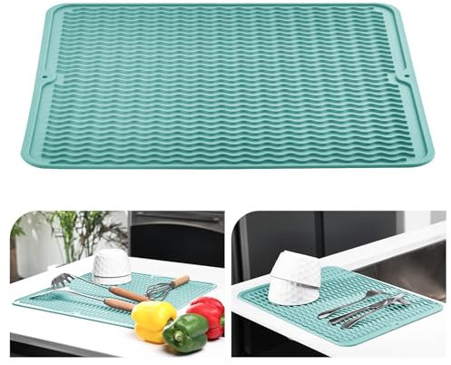 KitchenRaku Dish Drying Mat, Silicone Draining Board Mat, Heat Resistant Dish Draining Mat for Kitchen,Non-Slip Silicone Trivet,Table Mat,Pot Holder,Placemat,Spoon Rest, Coaster (Teal, 40x45cm)