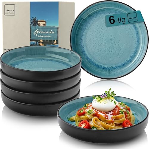 Sänger Granada| Steingut Pastaschalen 6 tlg, Nudel Schalen Set 6 Personen, Schüssel Set spülmaschinenfest mikrowellenfest kratzfest, große Schüssel blau mit schwarzem Rand 750 ml | VALUE COLLECTION
