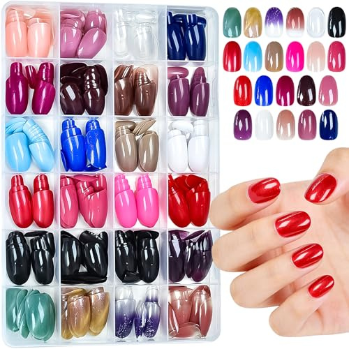 UUKILT Press on Nails Short Collection 576pcs Glossy 24 Solid Colors Medium Length Manicure False Nails Mix Colors