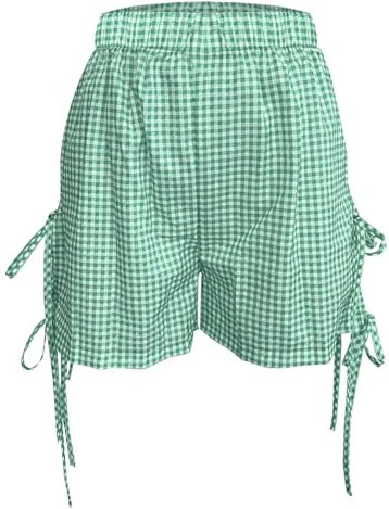 𝐒ommer Hosen Frauen Locker Kurz Gingham-Boxershorts für Damen, Fliege, seitlicher, Pyjama-Shorts, Karierte Shorts Leichte Sporthose Damen (Green, XL)