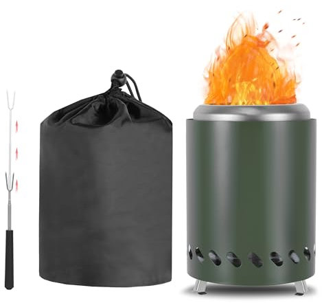 CAMPORG Braciere senza fumo per campeggio, caminetto da tavolo in acciaio inox, portatile, 14 cm x 20 cm di altezza, azionato con pellet o legno con custodia, verde