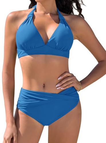 Vijamiy Maillot de Bain Femme 2 Pieces Bikini Set Haut Sexy Swimwear Tankinis Bretelles Suspendues au Cou(Bleu Clair,M)